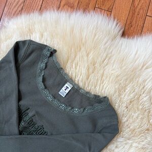 Green Ribbed Long Sleeve Top with Lace Trim